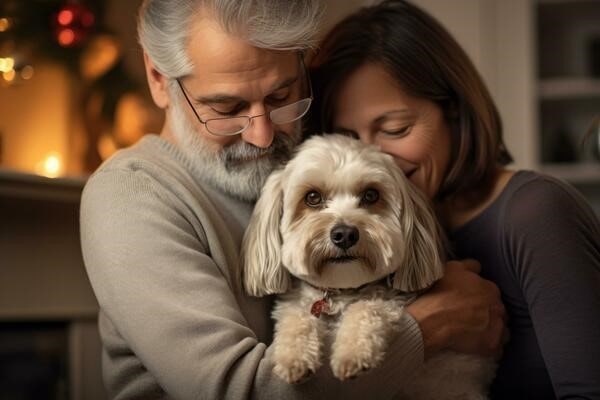 یک سگ سفید و قهوه‌ای در بغل یک زوج سالمند