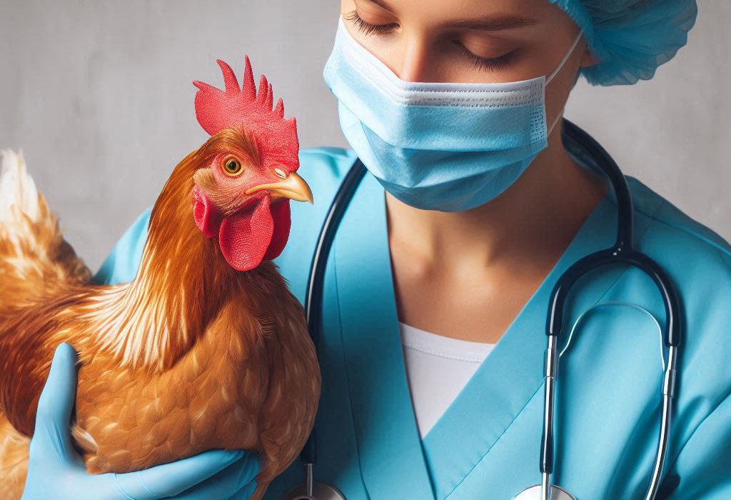 یک پرستار زن که در حال معاینه یک مرغ جهت سرماخوردگی