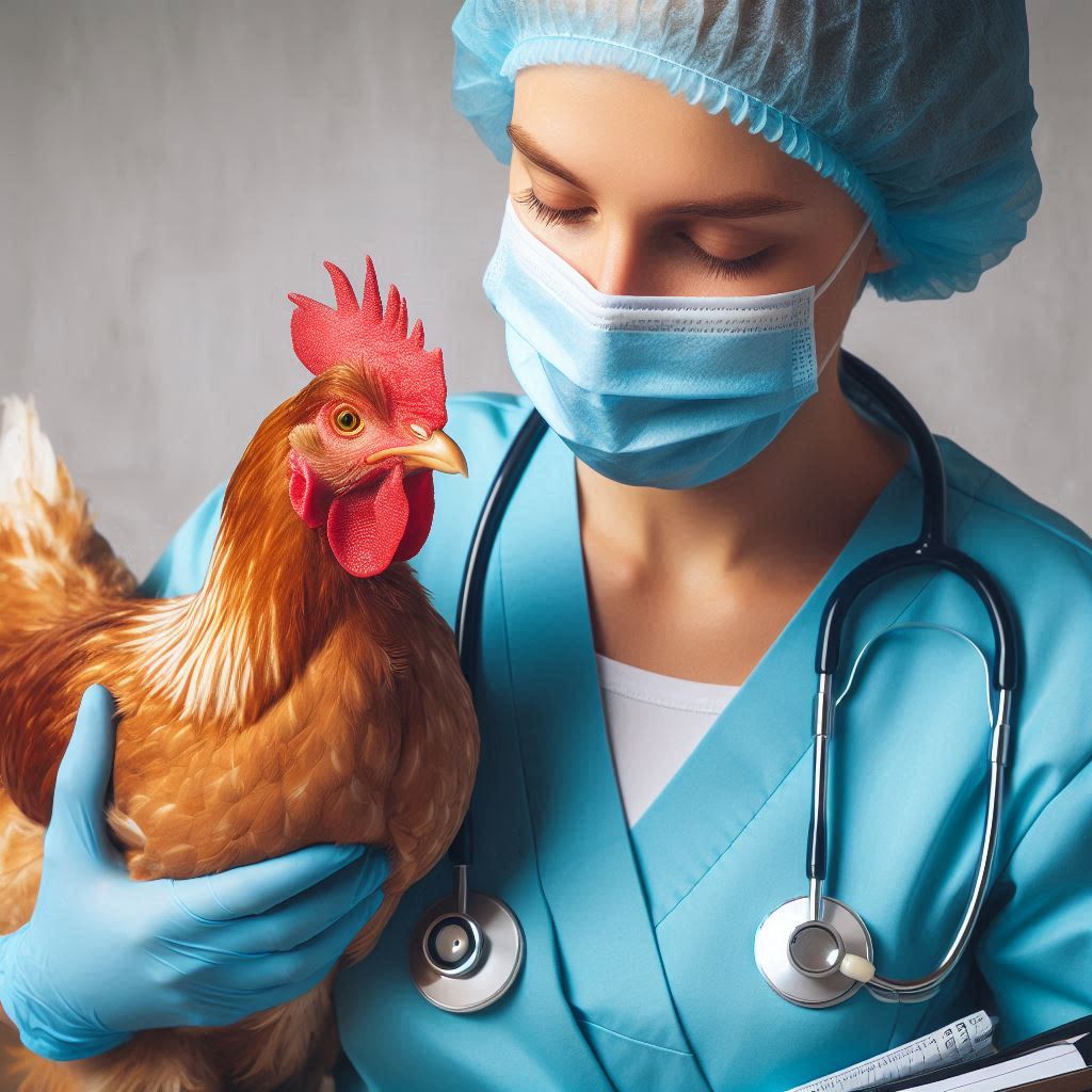 یک پرستار زن که در حال معاینه یک مرغ جهت سرماخوردگی